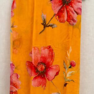 Floral Impression Hand-Painted Organza Saree with Scalloped Embellishments – Available in Radiant Yellow, Lush Green, Vivid Pink, Midnight Black & Royal Purple
