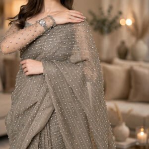 Ethereal Embellished Mesh Saree in Enchanting Grey – Available in Shimmering Grey & Deep Charcoal