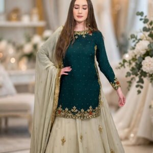 Regal Deep Emerald & Champagne Silk Lehenga Set with Ornate Zardosi & Mirror Work – Available in Single Colourway