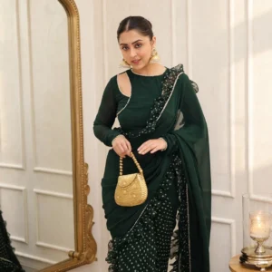 Emerald Night Bandhani Print Ruffled Saree with Embellished Cut-Out Blouse