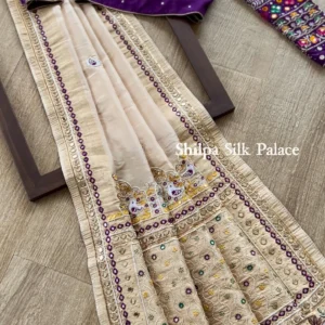 Royal Purple & Ivory Mirror-Work Designer Saree Ensemble – Available in Purple & Beige