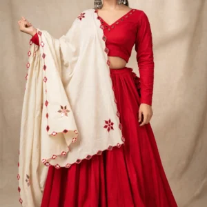 Classic Mirror-Work Tiered Lehengas with Scalloped Dupatta – Available in Red, Black, Blue, & Off-White