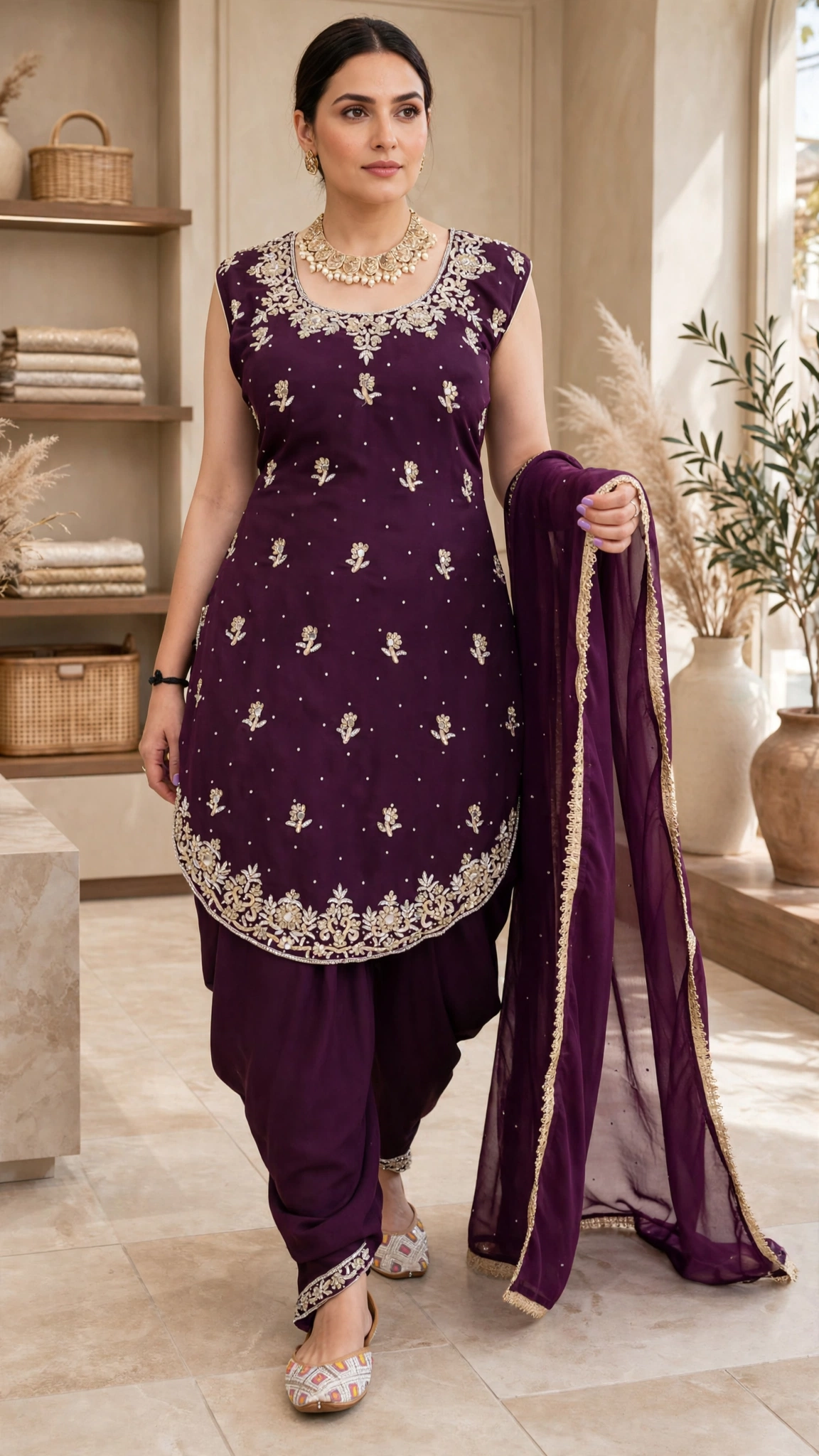 Regal Draped Dhoti Kurta Set with Intricate Zardosi & Stone Embellishments – Available in Deep Teal & Rich Plum - Image 3