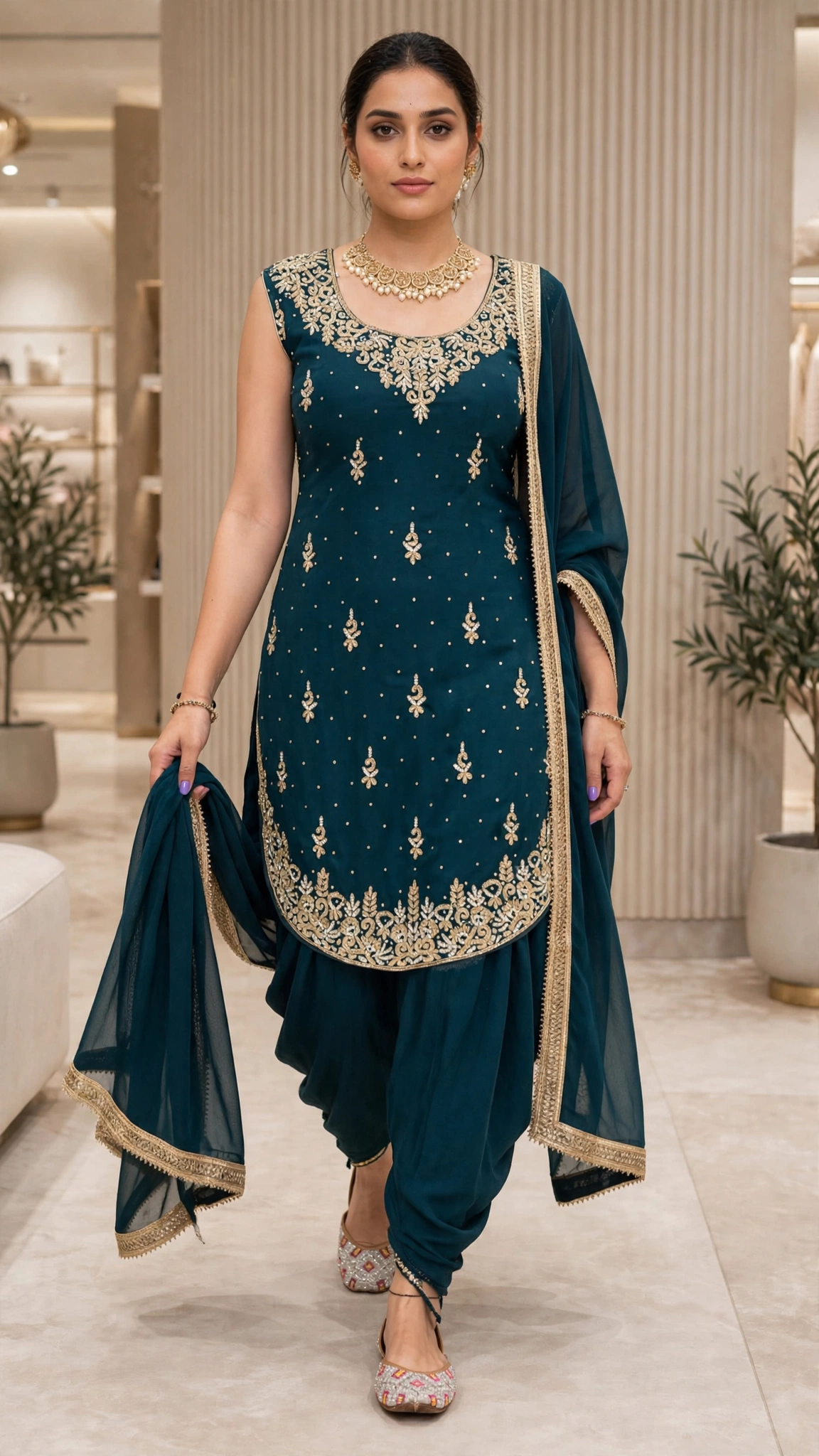 Regal Draped Dhoti Kurta Set with Intricate Zardosi & Stone Embellishments – Available in Deep Teal & Rich Plum - Image 4