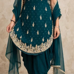 Regal Draped Dhoti Kurta Set with Intricate Zardosi & Stone Embellishments – Available in Deep Teal & Rich Plum