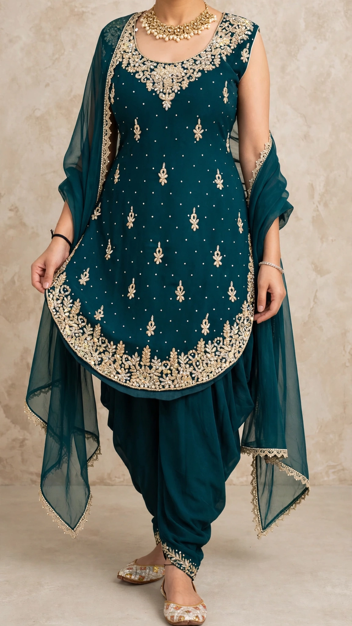 Regal Draped Dhoti Kurta Set with Intricate Zardosi & Stone Embellishments – Available in Deep Teal & Rich Plum