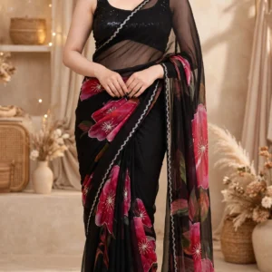 Midnight Bloom Organza Hand-Painted Saree with Pearl & Sequin Embellishments