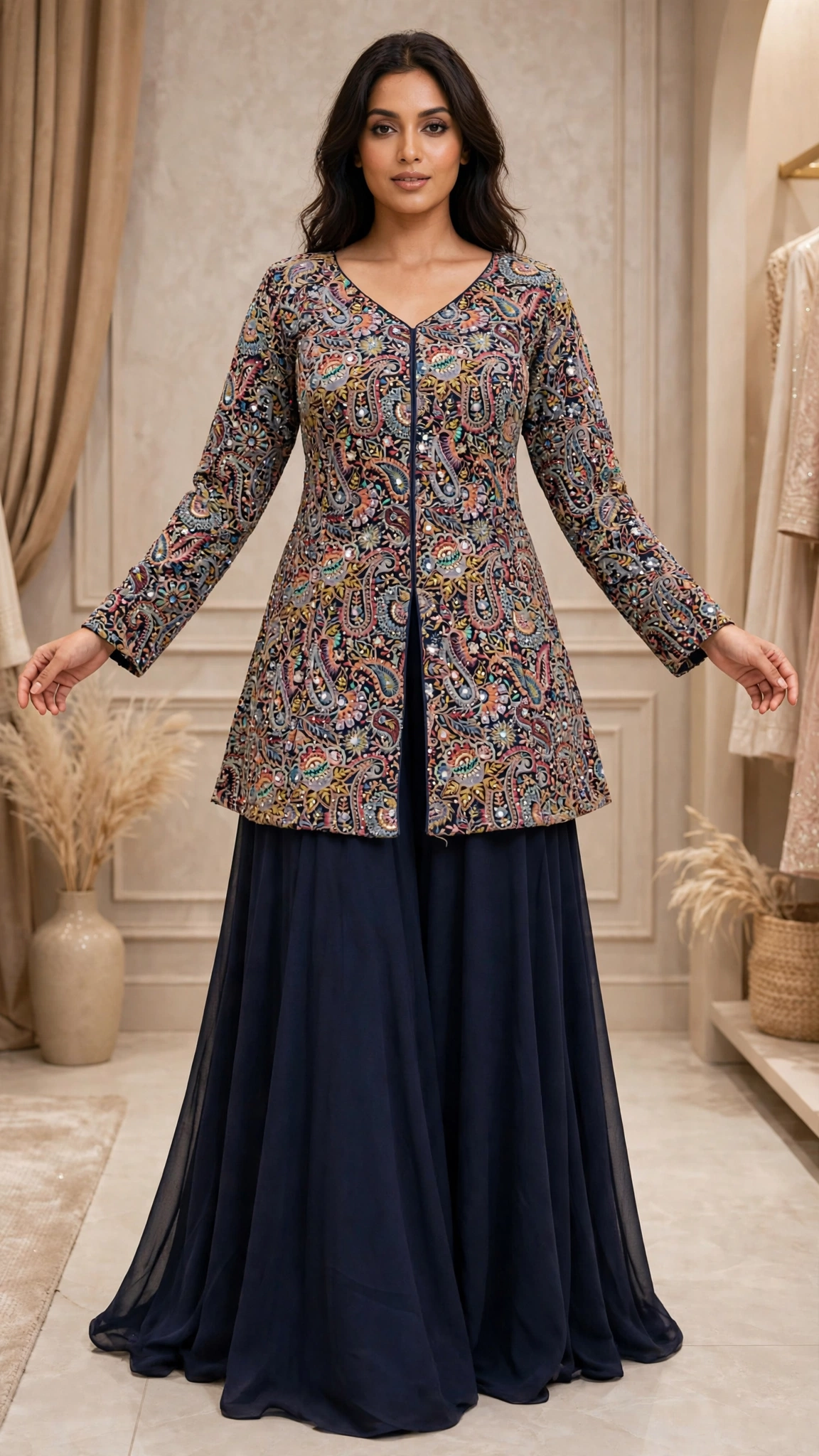 Midnight Bloom Mirror-Embroidered Jacket Kurta Set - Image 2