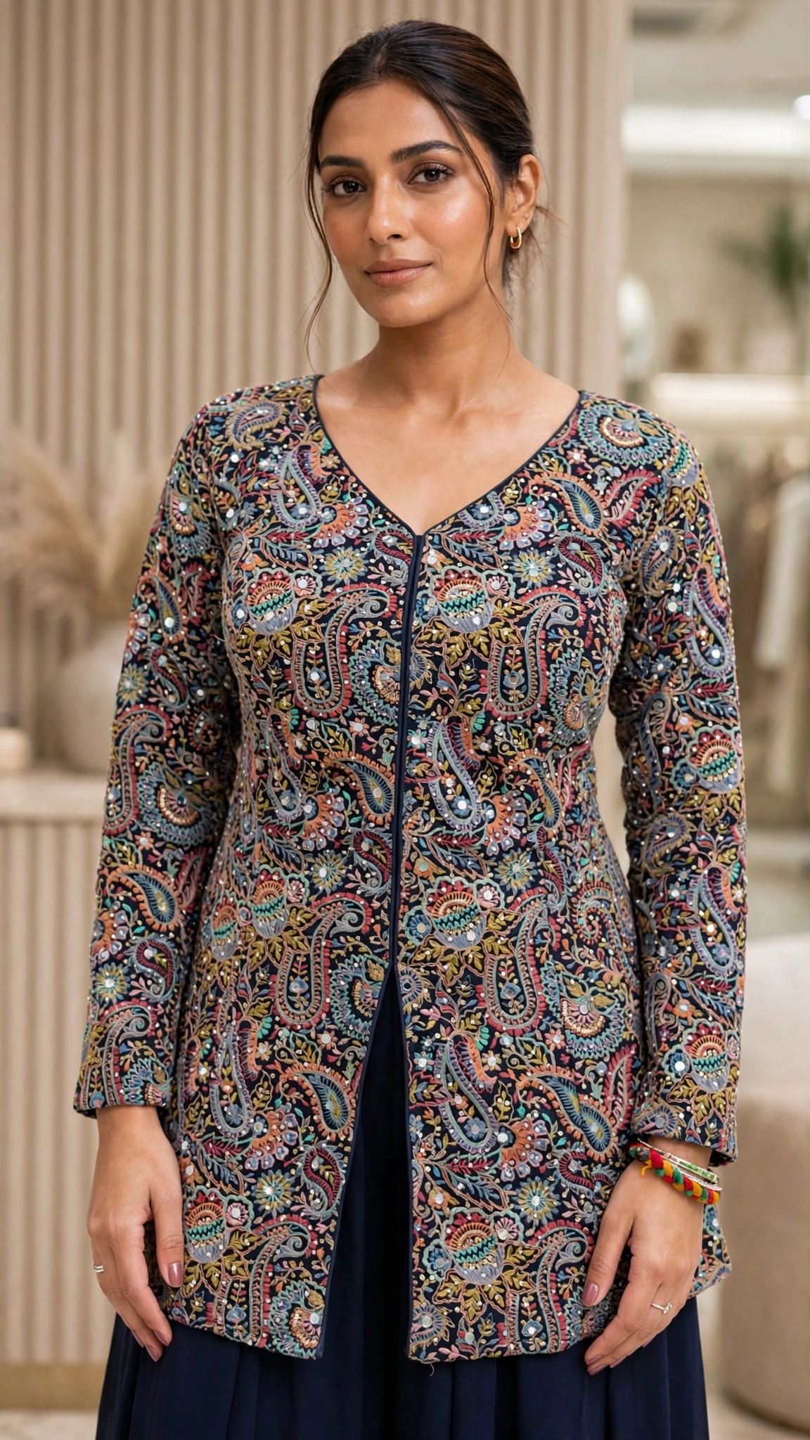 Midnight Bloom Mirror-Embroidered Jacket Kurta Set - Image 3