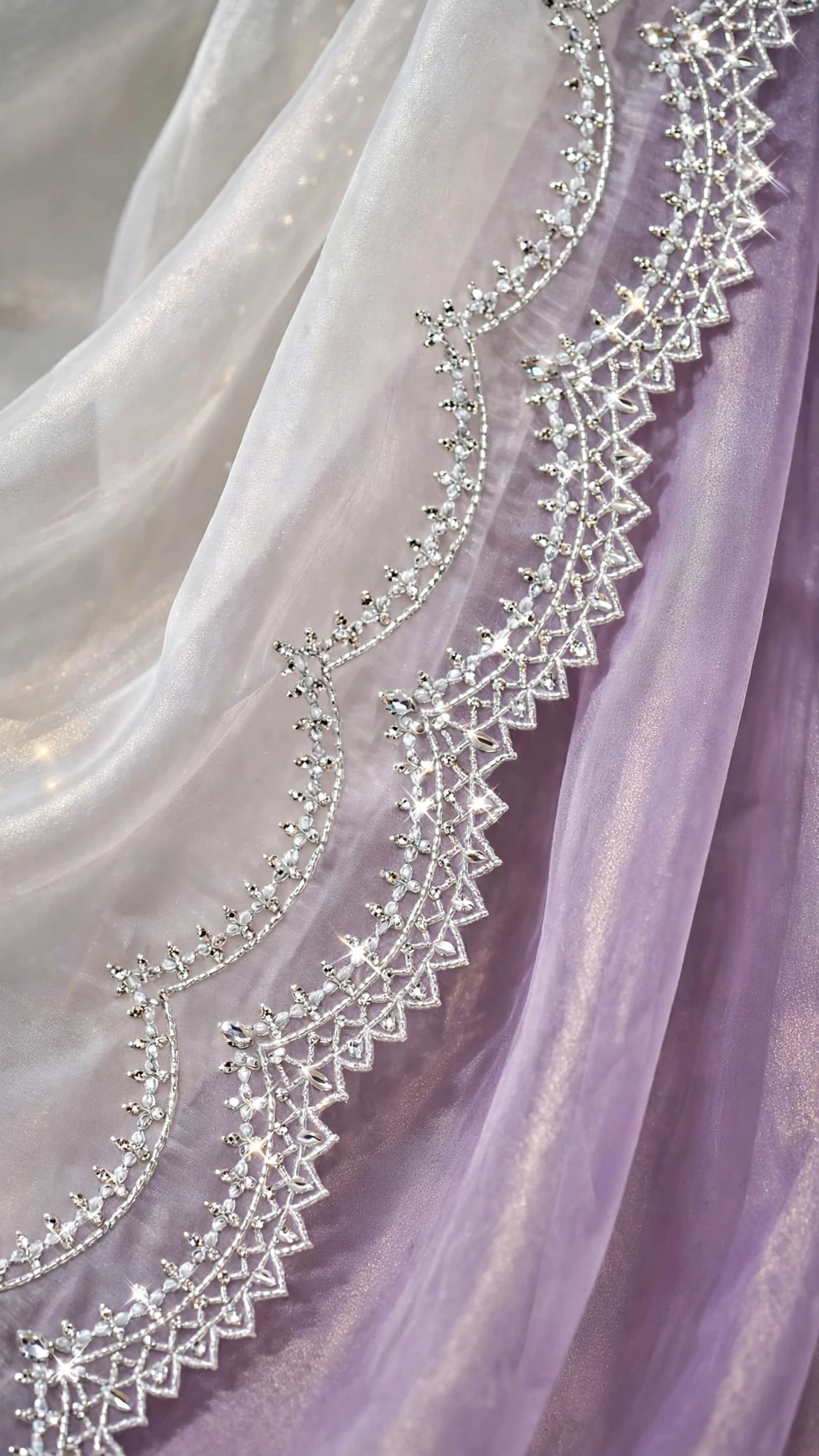 Ethereal Organza Hand-Embellished Saree with Scalloped Border – Available in Pearl White & Lilac Mist - Image 2