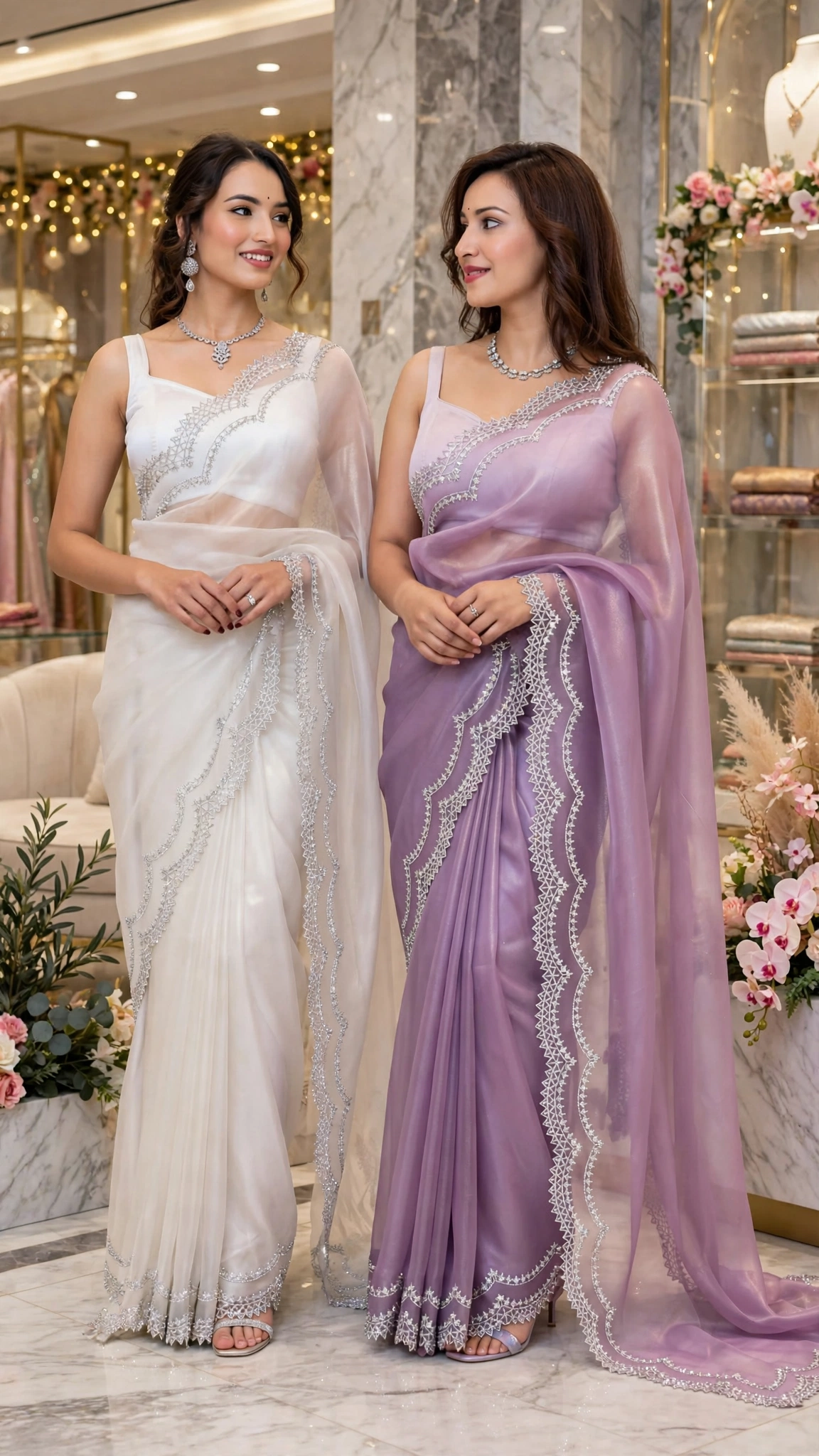 Ethereal Organza Hand-Embellished Saree with Scalloped Border – Available in Pearl White & Lilac Mist - Image 4