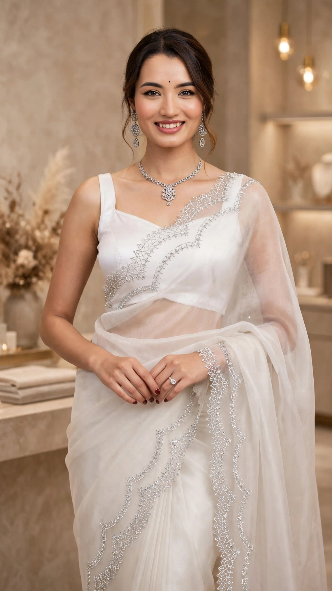 Ethereal Organza Hand-Embellished Saree with Scalloped Border – Available in Pearl White & Lilac Mist - Image 5