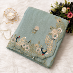 Sage Green Floral & Peacock Embellished Designer Saree