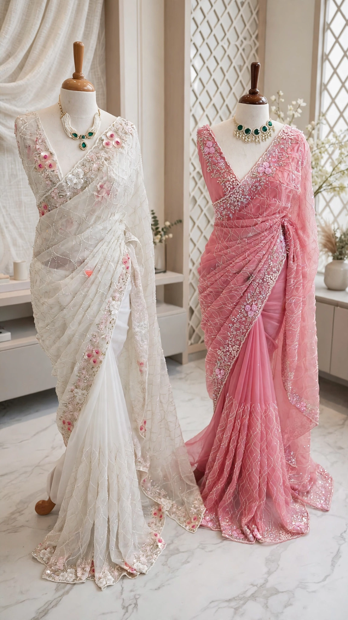 Floral Embroidered Organza Drape Saree with Pearl Embellishments – Available in Ivory White, Dusty Rose & Pastel Mint - Image 2