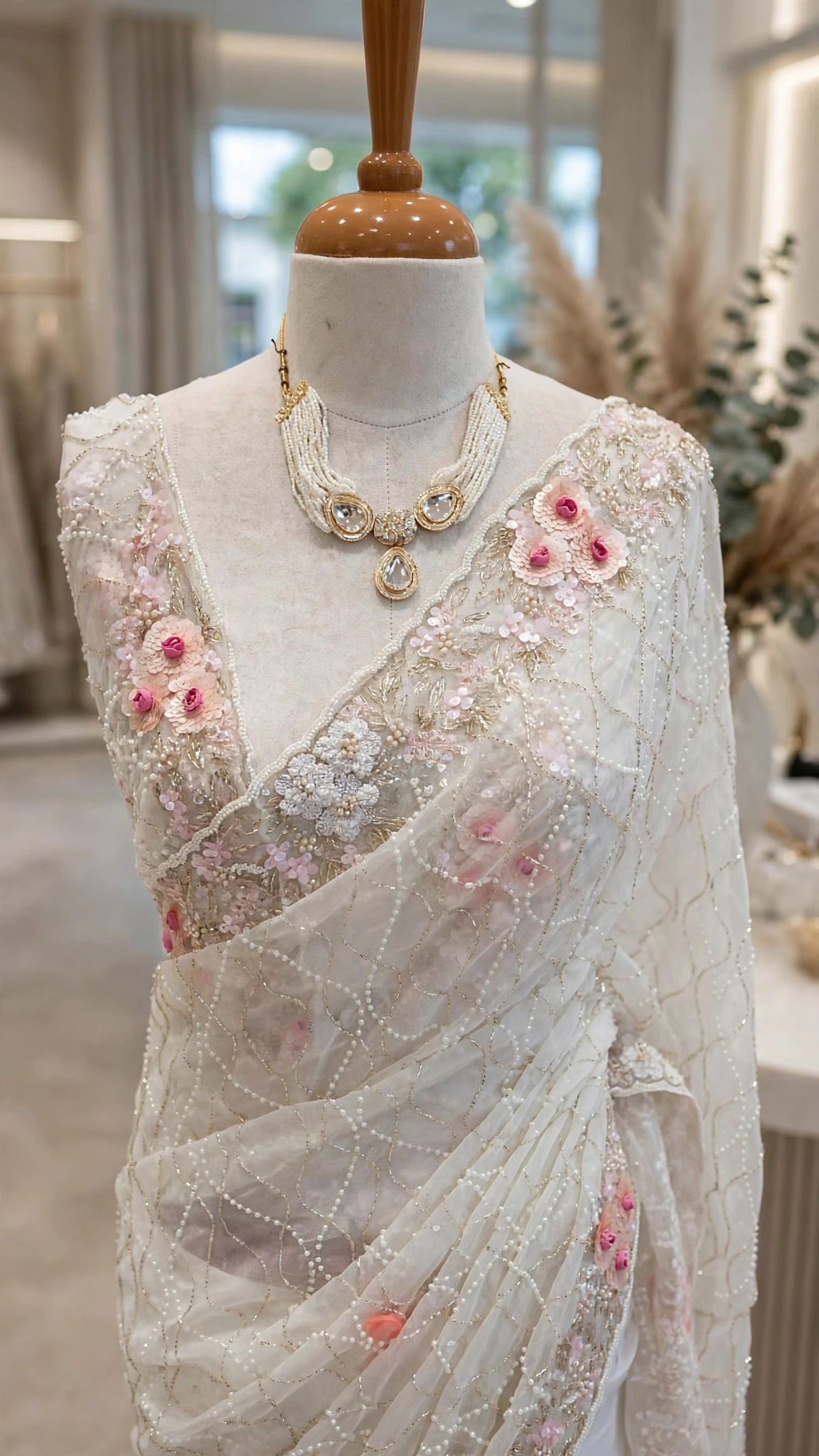 Floral Embroidered Organza Drape Saree with Pearl Embellishments – Available in Ivory White, Dusty Rose & Pastel Mint - Image 3