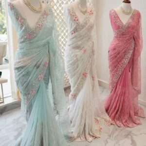 Floral Embroidered Organza Drape Saree with Pearl Embellishments – Available in Ivory White, Dusty Rose & Pastel Mint
