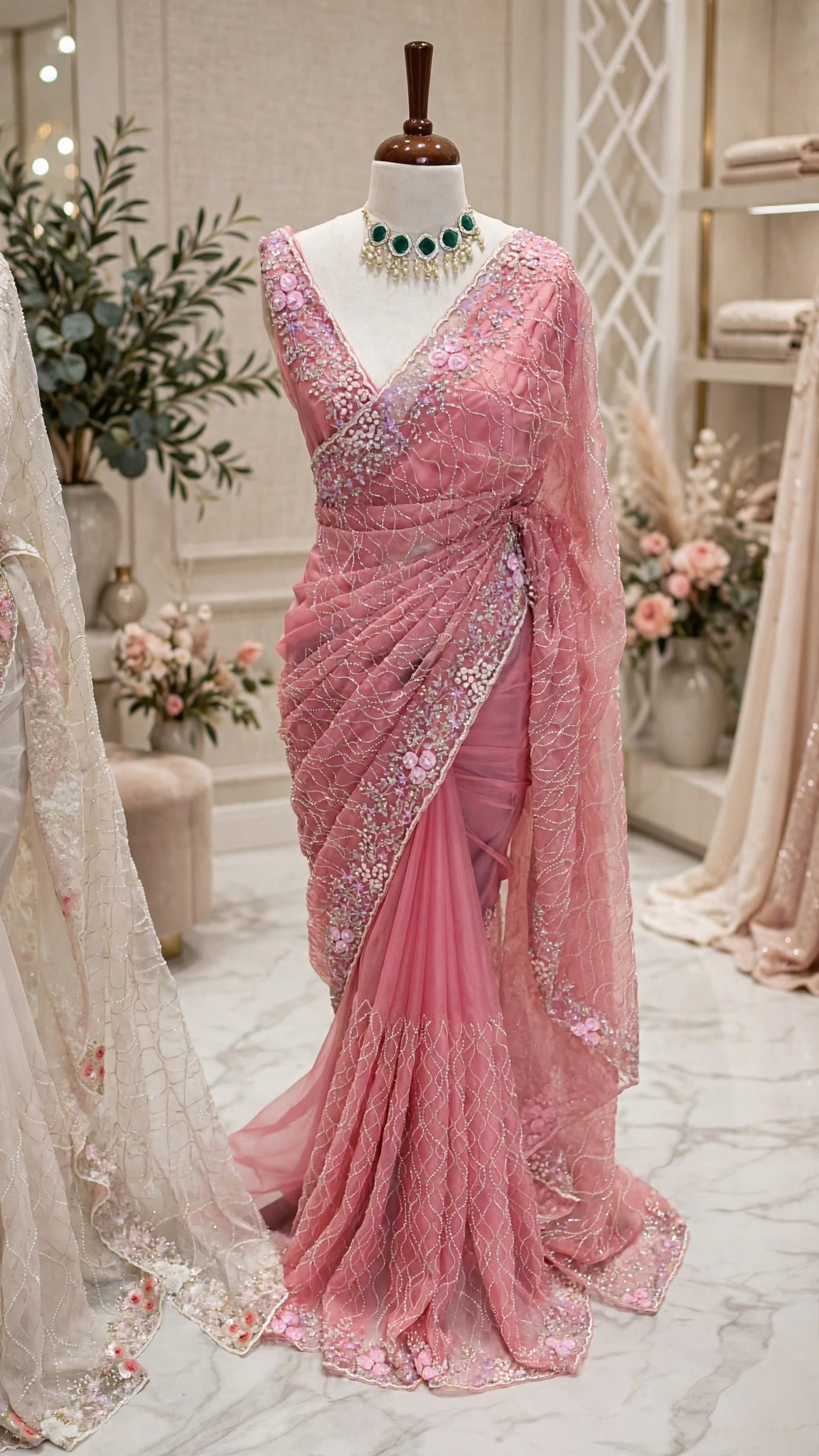 Floral Embroidered Organza Drape Saree with Pearl Embellishments – Available in Ivory White, Dusty Rose & Pastel Mint - Image 5