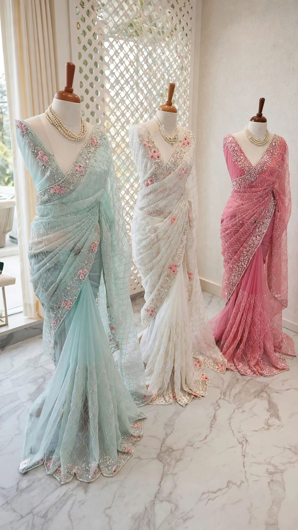 Floral Embroidered Organza Drape Saree with Pearl Embellishments – Available in Ivory White, Dusty Rose & Pastel Mint