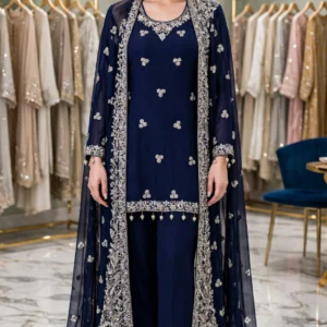 Midnight Sapphire Embroidered Chiffon Layered Suit Set