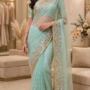 Ethereal Floral Embroidered Organza Saree – Available in Mint Green & Pristine White