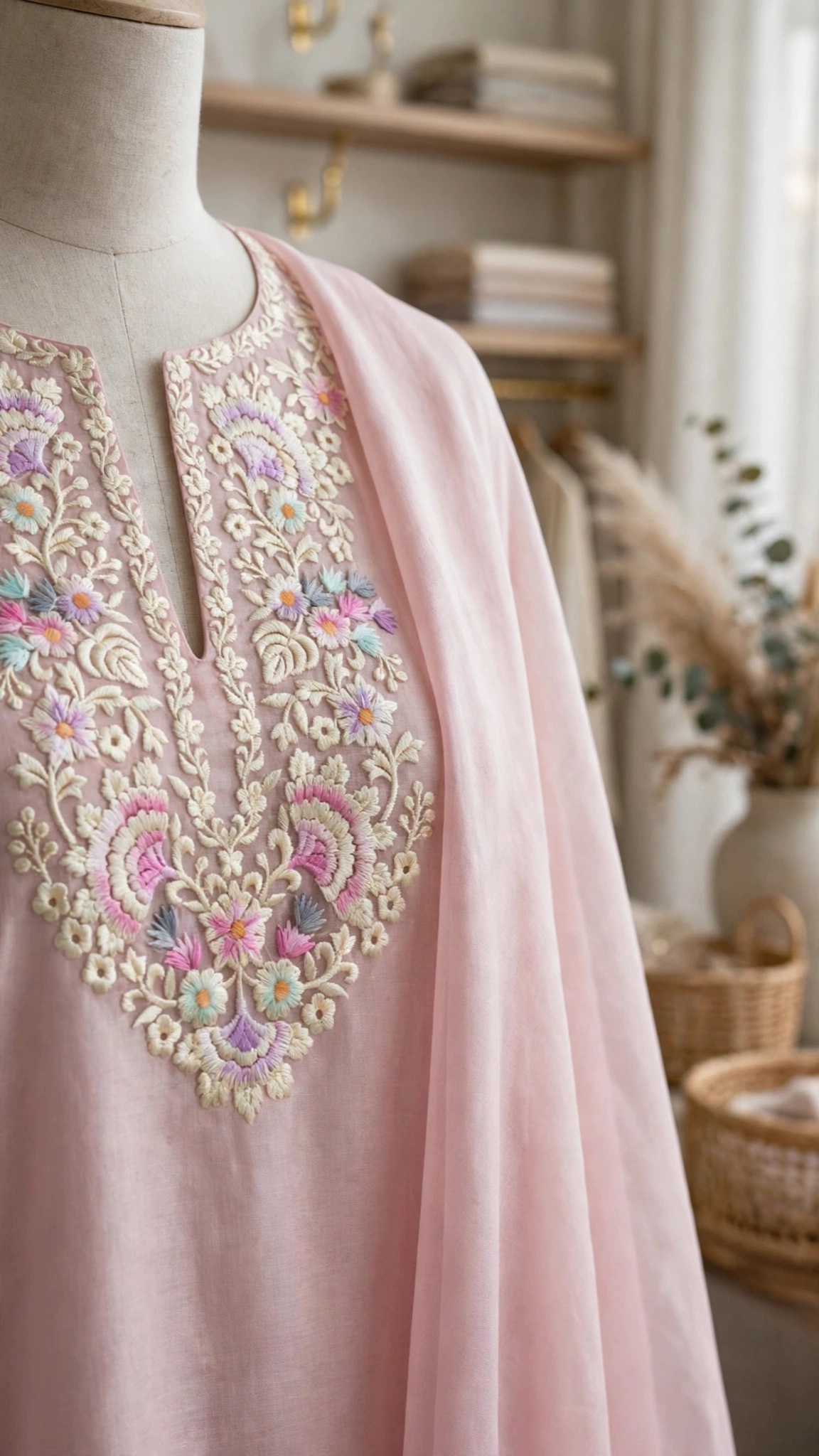 Ethereal Pastel Pink Hand-Embroidered Organza Kurta Set with Scalloped Dupatta