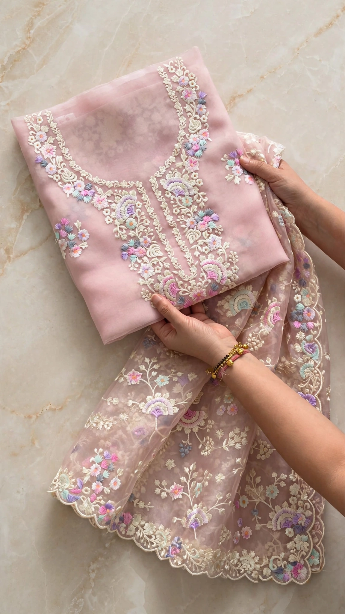 Ethereal Pastel Pink Hand-Embroidered Organza Kurta Set with Scalloped Dupatta - Image 2
