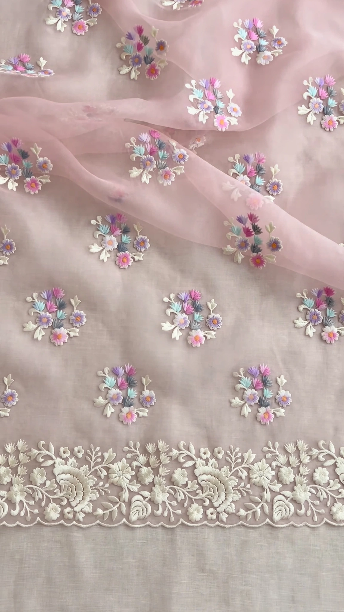 Ethereal Pastel Pink Hand-Embroidered Organza Kurta Set with Scalloped Dupatta - Image 4