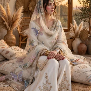 Ivory Butterfly Embroidered Sharara Suit Set – Available in Pearlescent Ivory & Soft Champagne