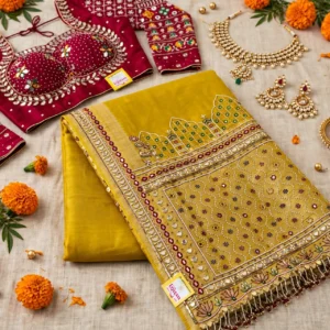 Sun-Kissed Mustard Embroidered Mirror Work Silk Saree with Maroon Blouse