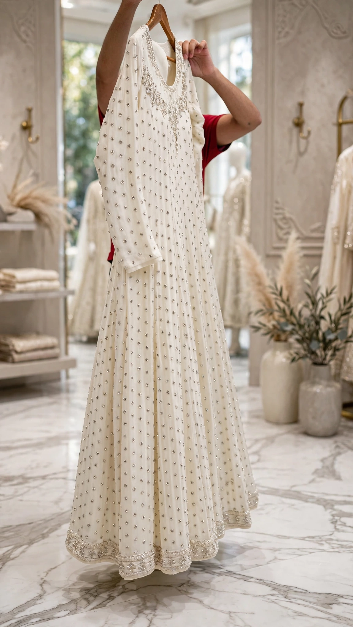 Ivory Embellished Floor-Length Anarkali Gown with Intricate Zardosi & Pearl Detailing - Image 3