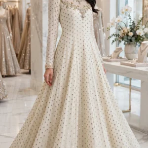 Ivory Embellished Floor-Length Anarkali Gown with Intricate Zardosi & Pearl Detailing