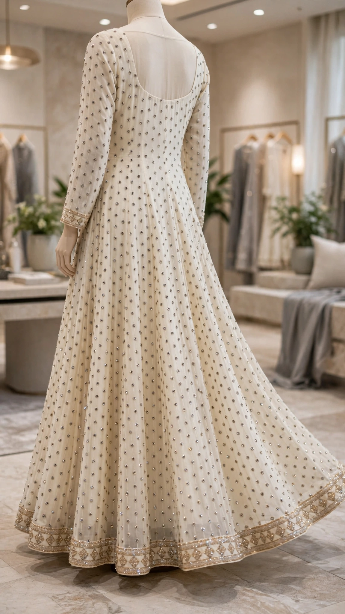 Ivory Embellished Floor-Length Anarkali Gown with Intricate Zardosi & Pearl Detailing - Image 5