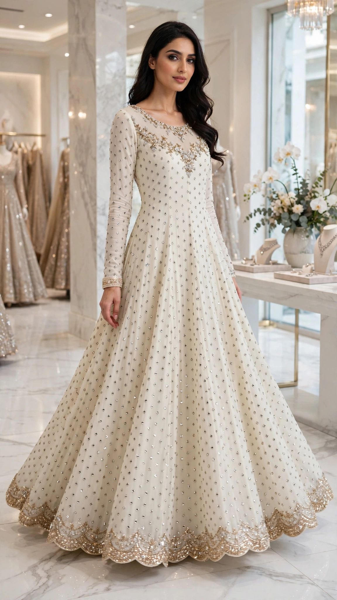 Ivory Embellished Floor-Length Anarkali Gown with Intricate Zardosi & Pearl Detailing
