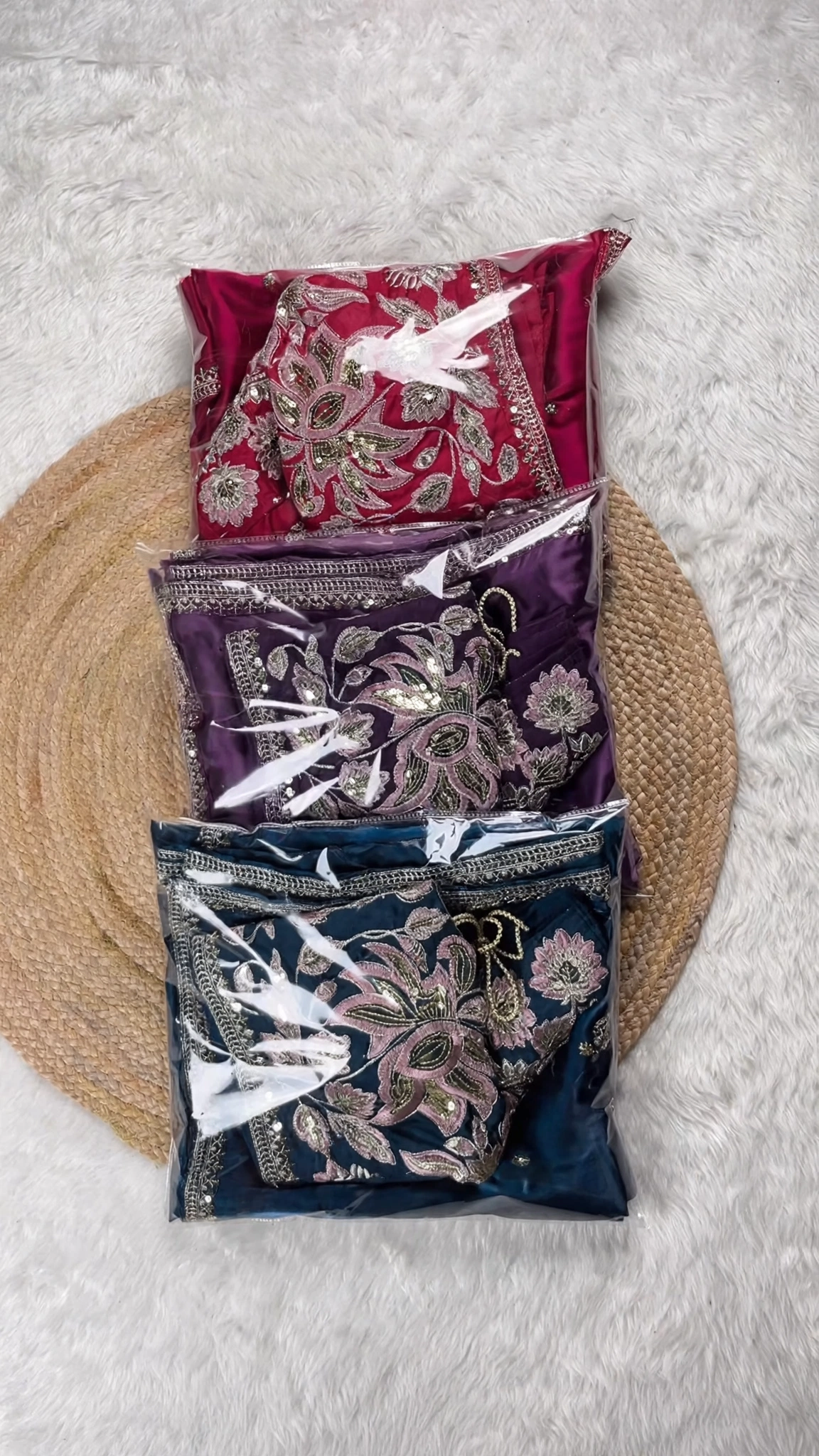 Opulent Floral Embroidered Satin Saree Set – Available in Emerald Green, Royal Navy, Midnight Black, and Deep Magenta - Image 2