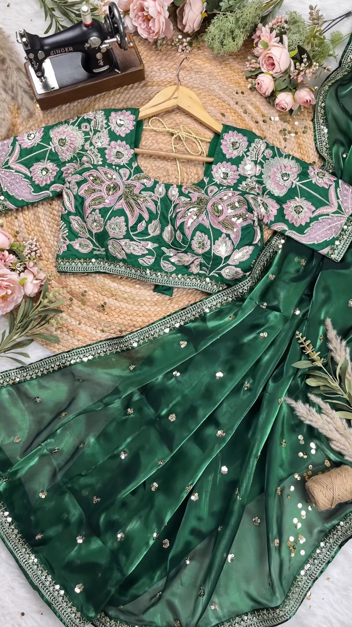 Opulent Floral Embroidered Satin Saree Set – Available in Emerald Green, Royal Navy, Midnight Black, and Deep Magenta - Image 3