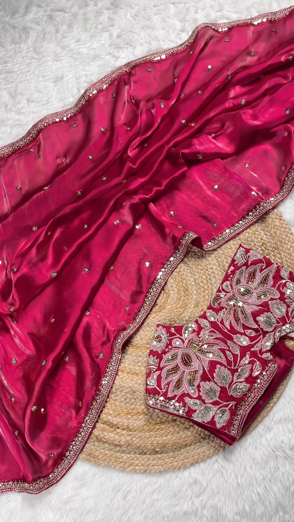 Opulent Floral Embroidered Satin Saree Set – Available in Emerald Green, Royal Navy, Midnight Black, and Deep Magenta - Image 4