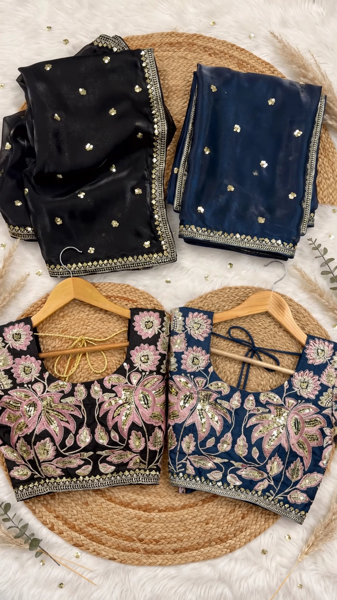 Opulent Floral Embroidered Satin Saree Set – Available in Emerald Green, Royal Navy, Midnight Black, and Deep Magenta - Image 5