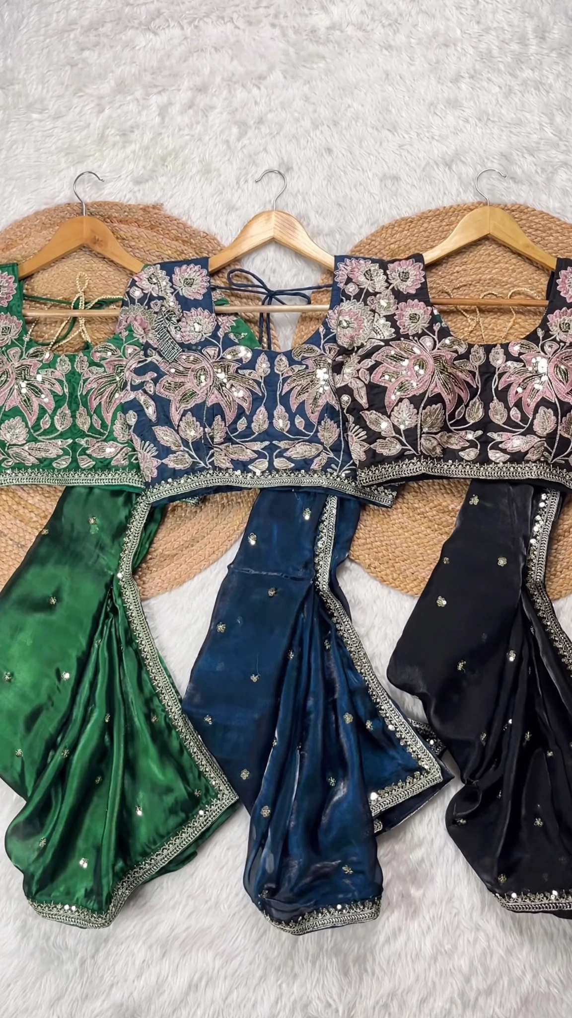 Opulent Floral Embroidered Satin Saree Set – Available in Emerald Green, Royal Navy, Midnight Black, and Deep Magenta