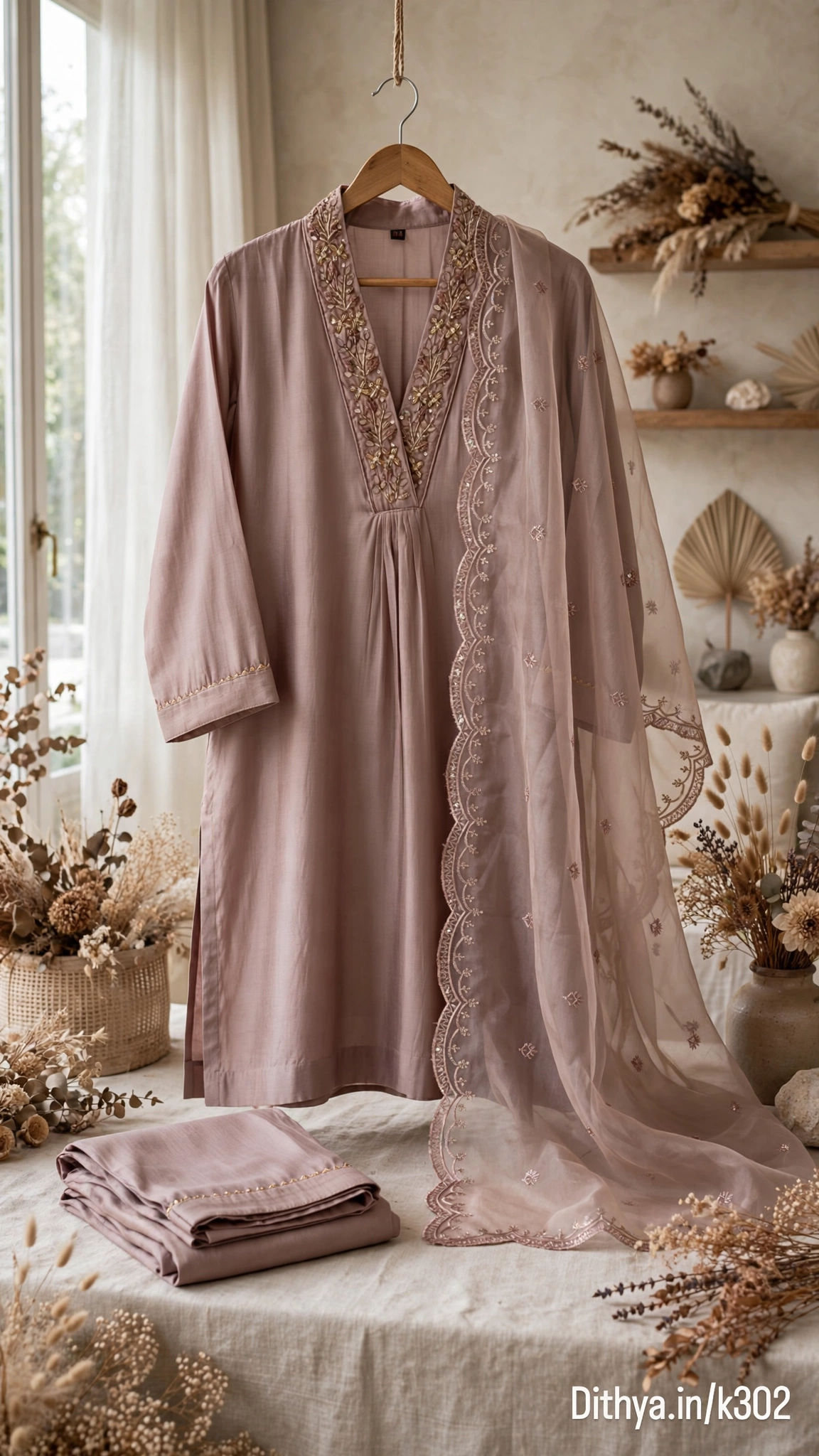 Dusty Mauve Hand-Embellished Silk Kurta Set - Image 2