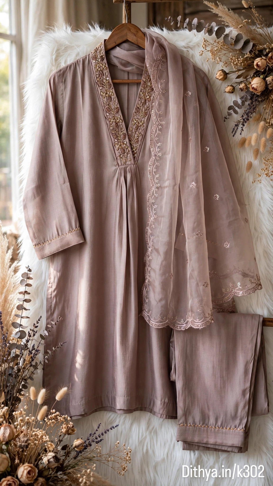 Dusty Mauve Hand-Embellished Silk Kurta Set - Image 3