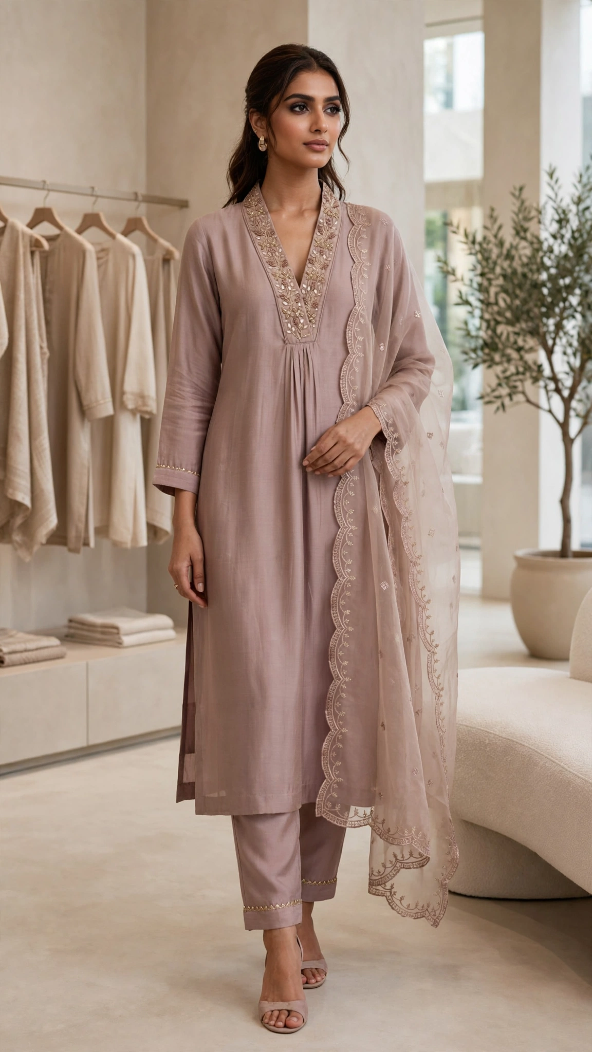 Dusty Mauve Hand-Embellished Silk Kurta Set - Image 5