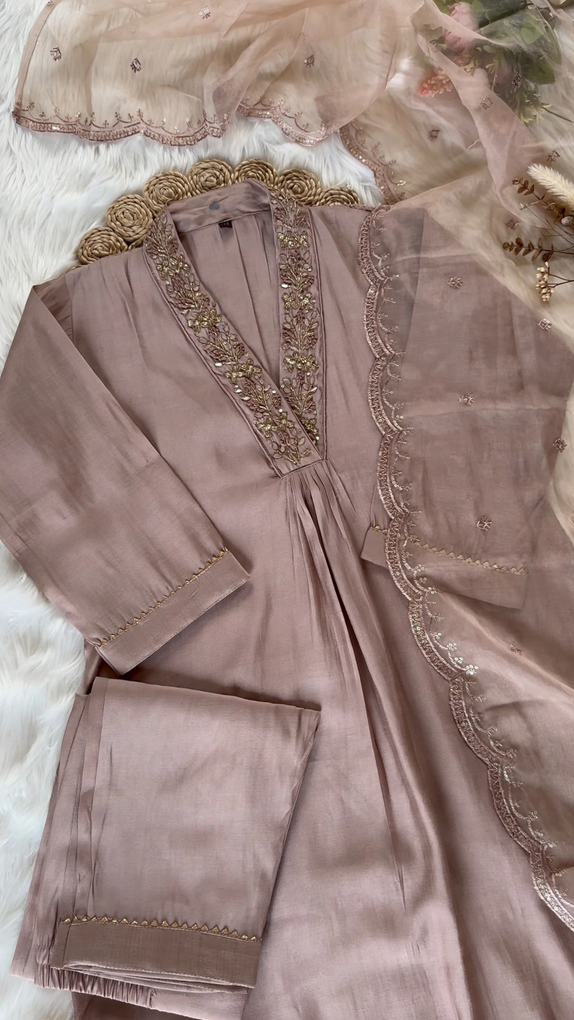 Dusty Mauve Hand-Embellished Silk Kurta Set