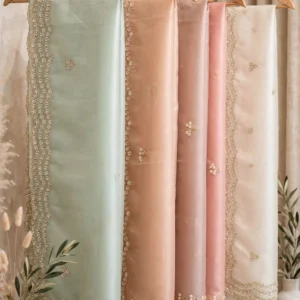Ethereal Organza Floral Embroidered Saree – Available in Mint, Peach, Blush Pink, and Ivory