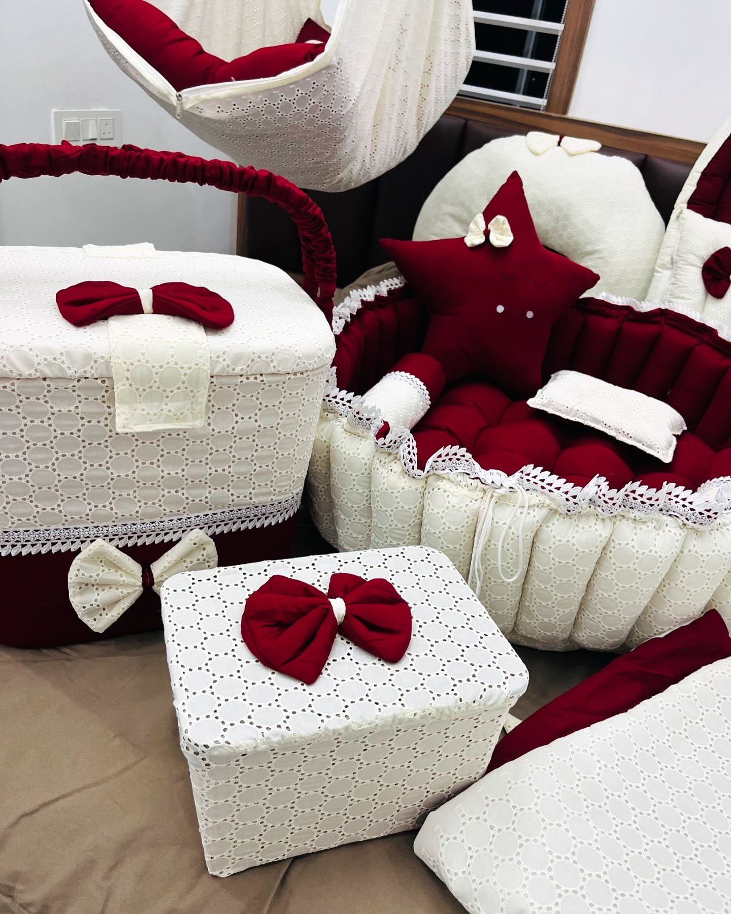 Elegant Maroon and Ivory Handcrafted Baby Bedding and Nursery Essentials Set
