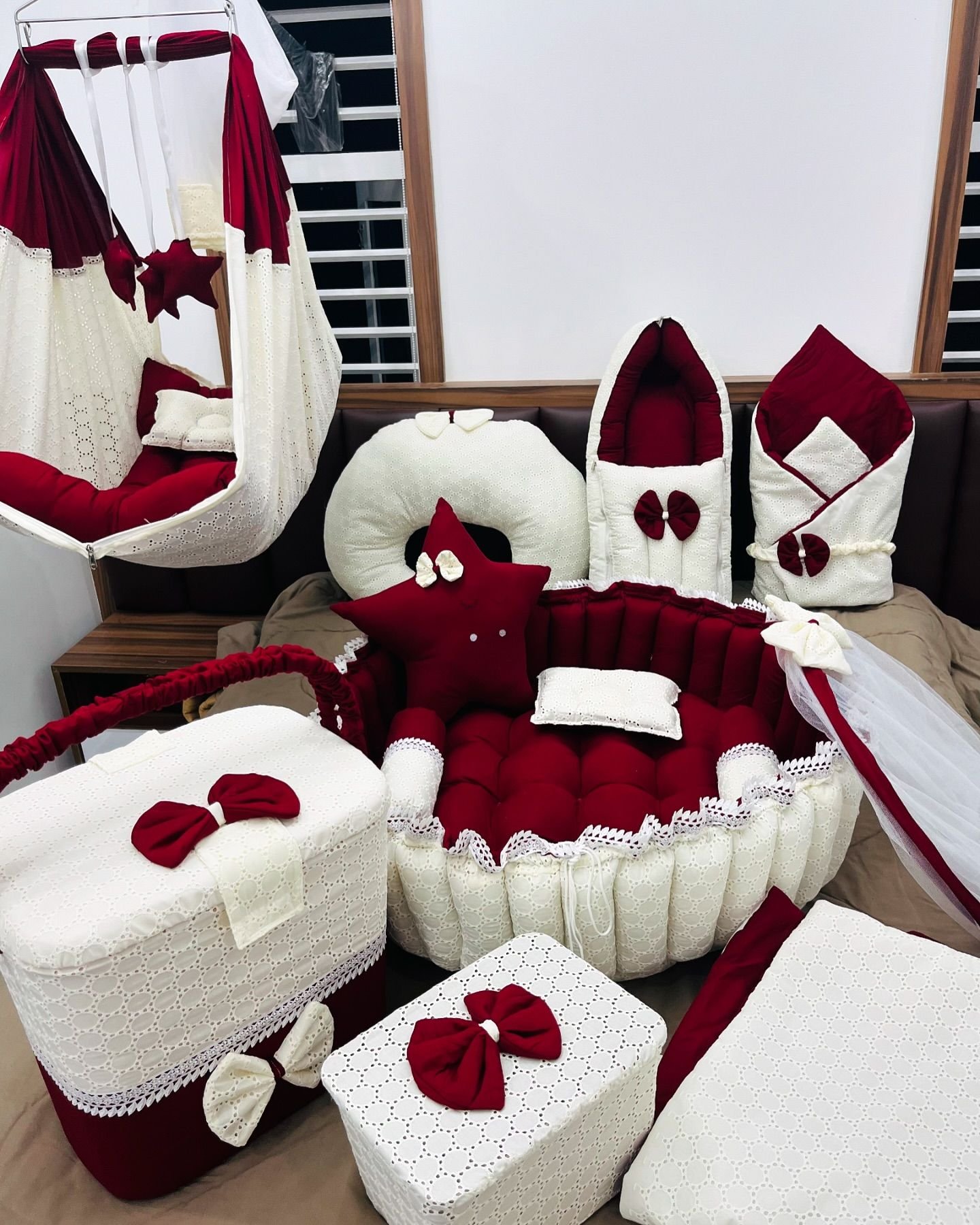 Elegant Maroon and Ivory Handcrafted Baby Bedding and Nursery Essentials Set - Image 3