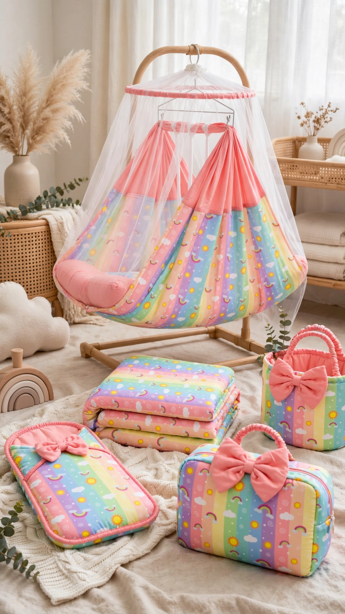Dreamy Rainbow Nursery Bedding & Hanging Cradle Set – A Cozy Haven for Your Little One
