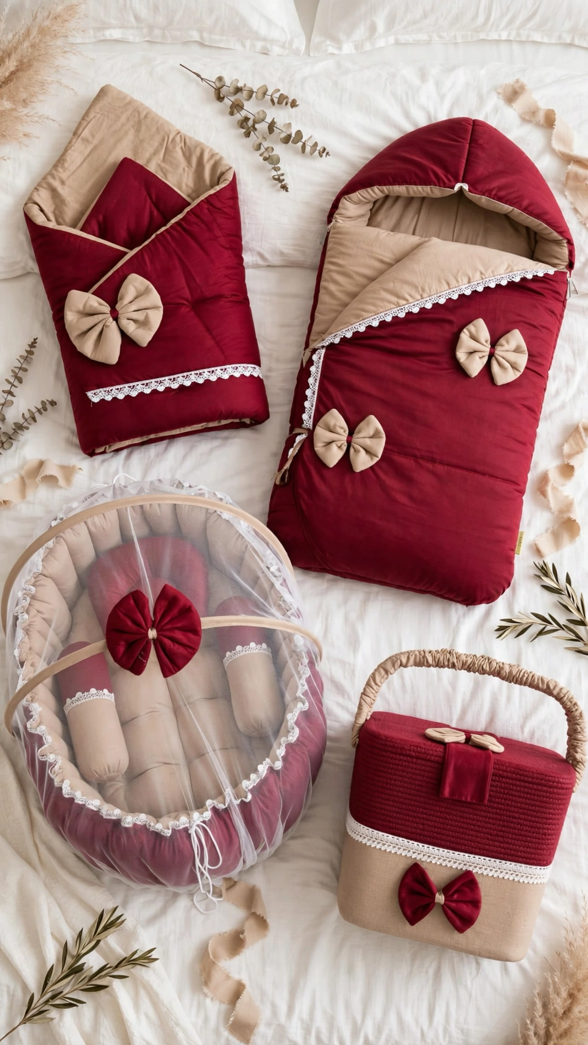Premium Handcrafted Baby Nest & Nursery Essentials Collection – Available in Soft Pink, Celestial Blue, Vintage Burgundy, Fuchsia Lace & Serene Purple