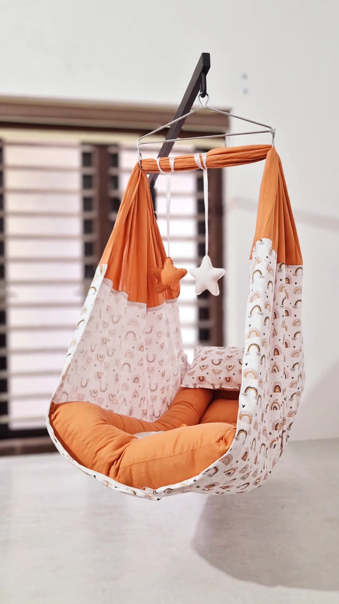 Boho-Chic Hanging Cradle with Playful Rainbow Print – Available in Orange & Terracotta Tones - Image 4