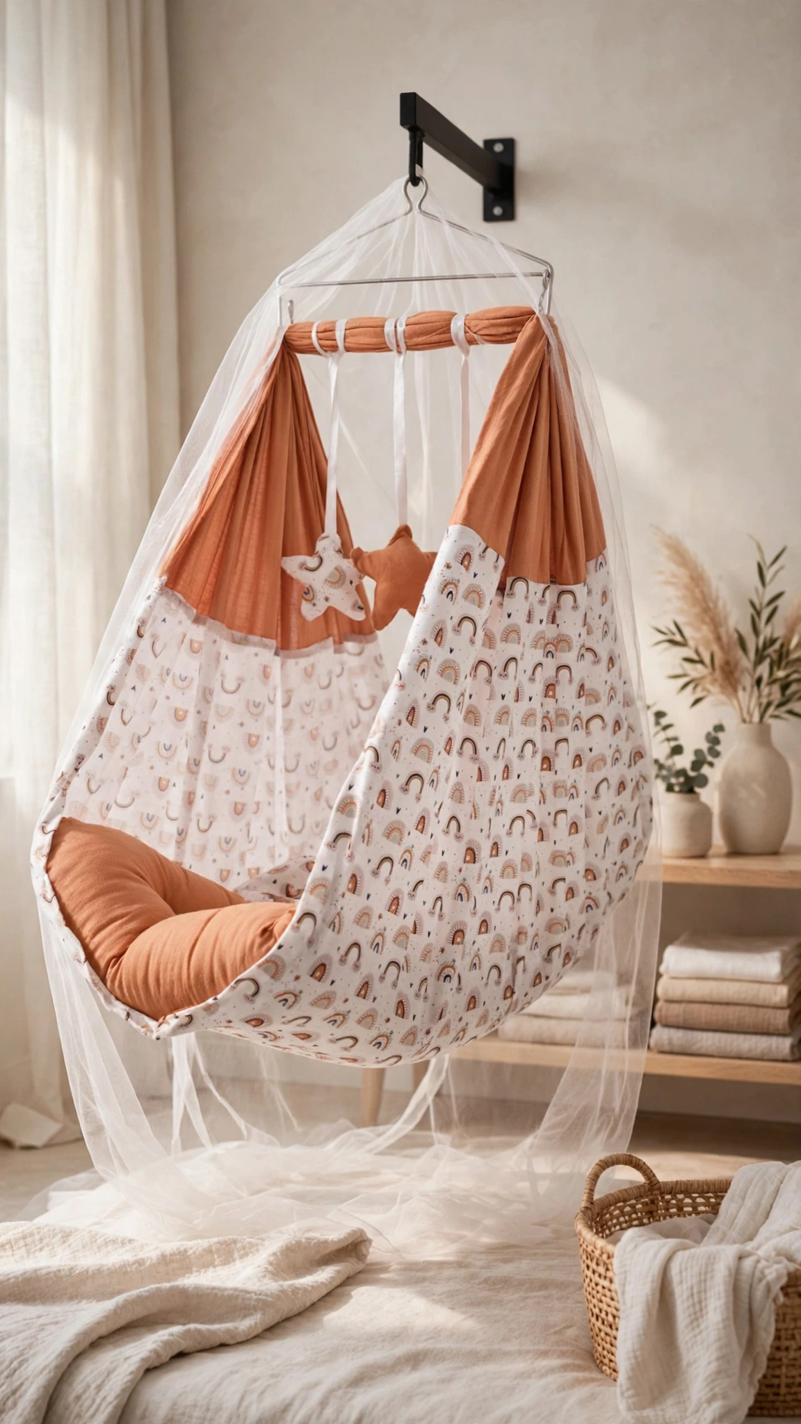 Boho-Chic Hanging Cradle with Playful Rainbow Print – Available in Orange & Terracotta Tones - Image 5
