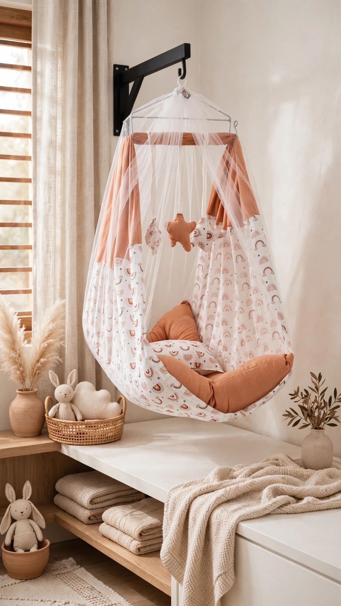 Boho-Chic Hanging Cradle with Playful Rainbow Print – Available in Orange & Terracotta Tones